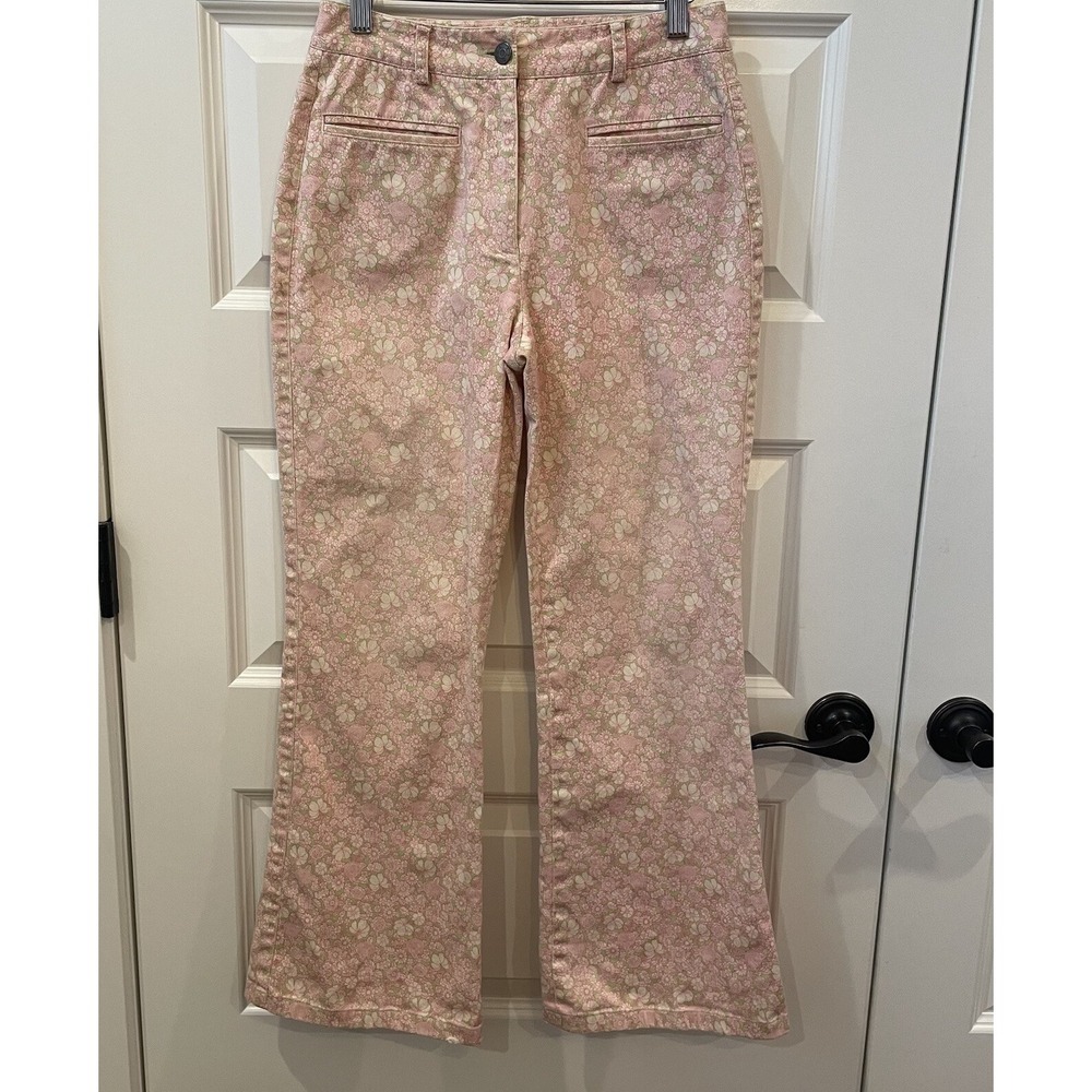 ETCETERA Floral Cotton Pink & Green  Sz 0 High‎ Waisted Flair Pant Jean Pockets